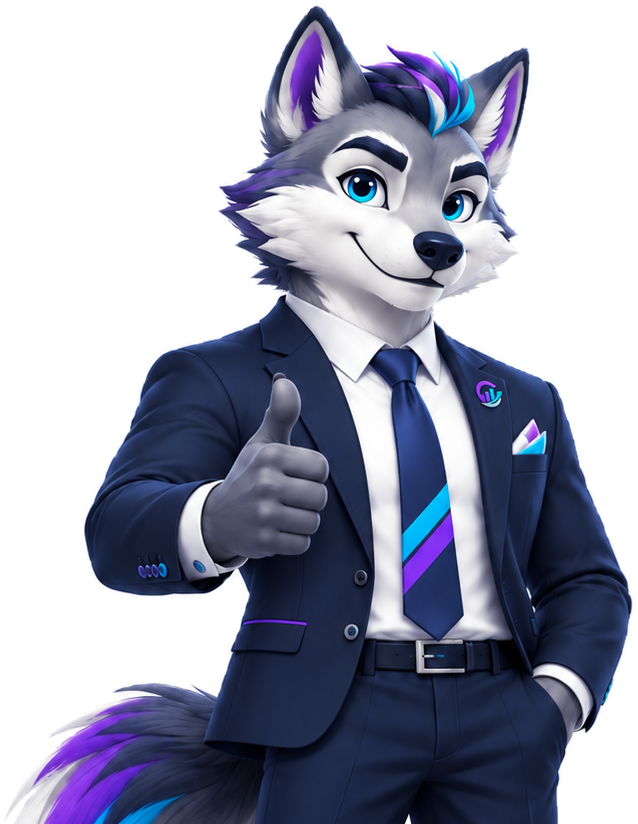 Mascota de Corevia: un lobo con traje azul que levanta el pulgar