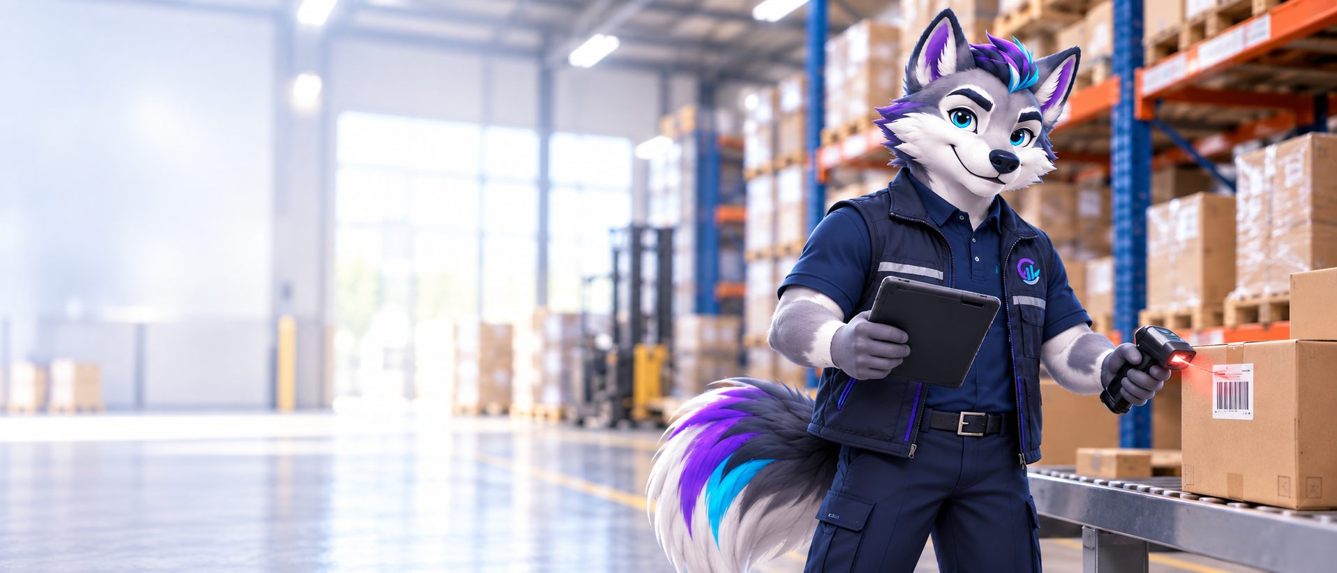 Cori, la mascota de Corevia, registra con tablet y escáner las cajas del almacén de una distribuidora