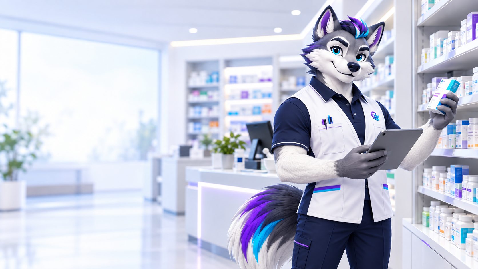 Cori, la mascota de Corevia, revisa en su tablet un producto de los estantes de una farmacia
